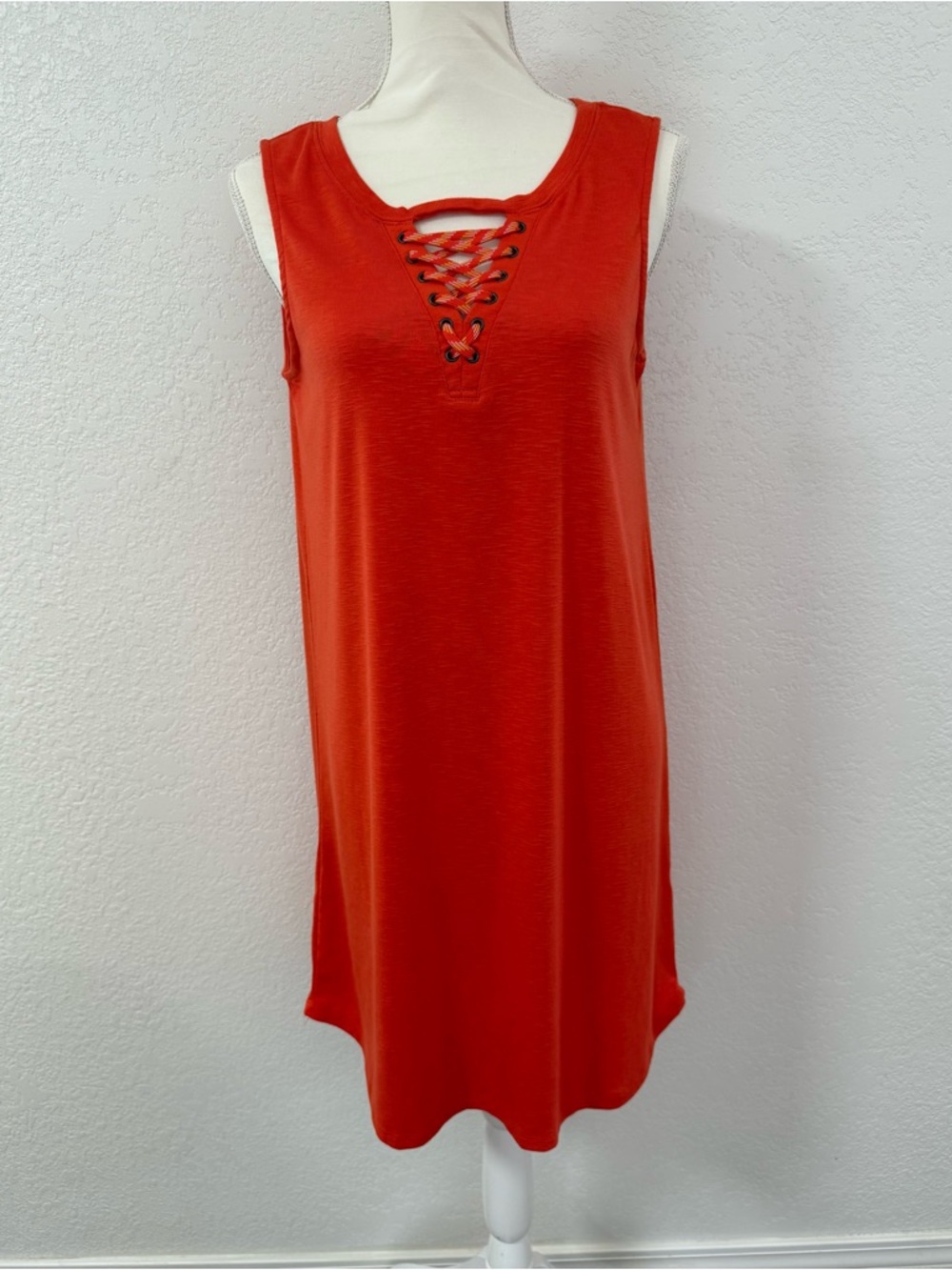 Democracy Sleeveless Lace-Up Midi Dress in Red-Orange